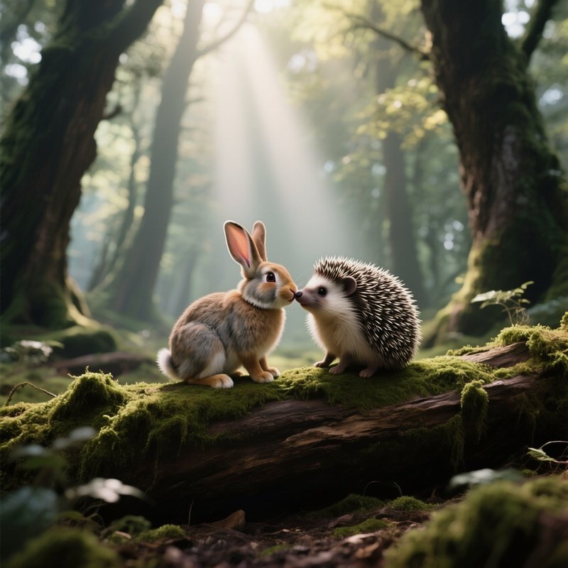 A Rabbit And A Hedgehog Meet For A Tender Kiss Atop A Mossy Log In An Enchanted Forest Clearing,