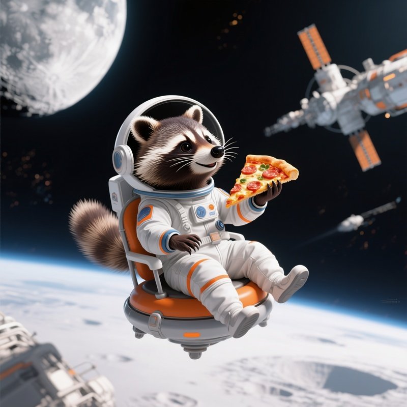 A Raccoon Astronaut Eating Pizza In Space