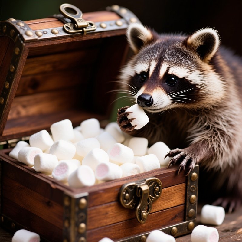 A Raccoon Opening A Treasure Chest Full Of Marshmallows