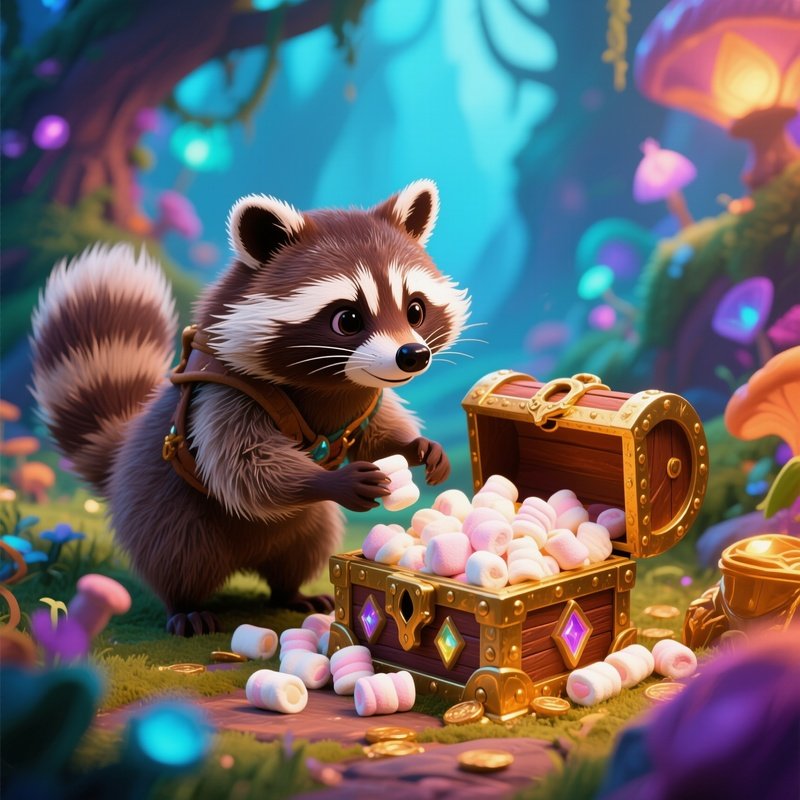 A Raccoon Opening A Treasure Chest Full Of Marshmallows Concept Art