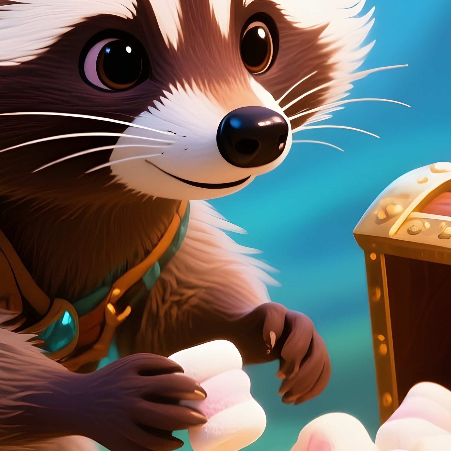 A Raccoon Opening A Treasure Chest Full Of Marshmallows Concept Art - Full Resolution Quality Preview