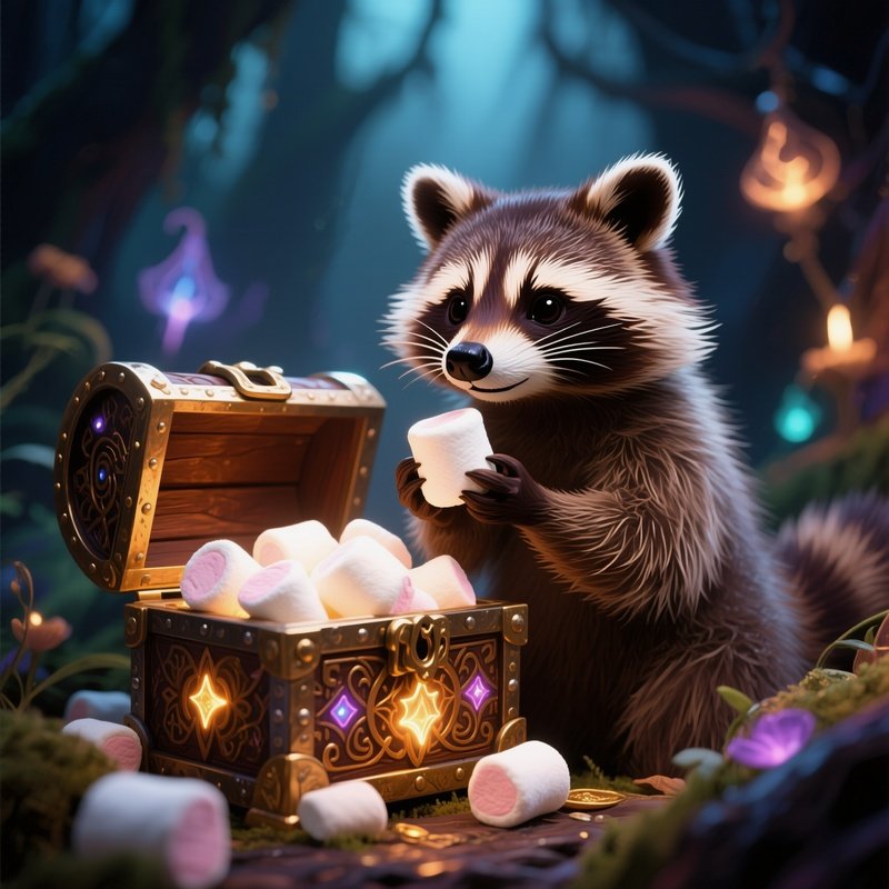 A Raccoon Opening A Treasure Chest Full Of Marshmallows Digital Art