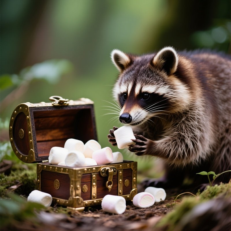 A Raccoon Opening A Treasure Chest Full Of Marshmallows Still Life