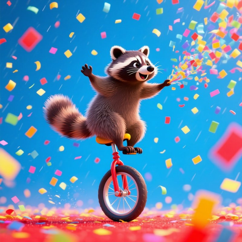 A Raccoon Riding A Unicycle Through Confetti Rain