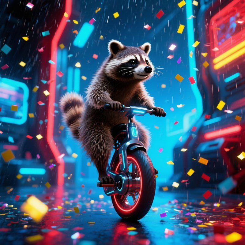 A Raccoon Riding A Unicycle Through Confetti Rain