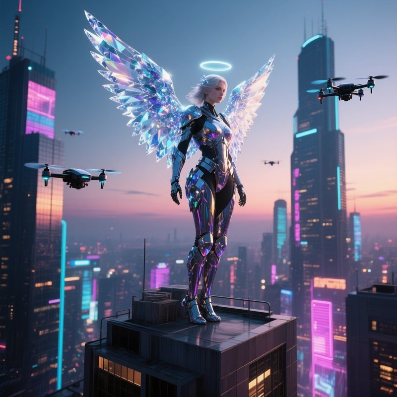 A Radiant Angel With Crystal Wings Perched On A Futuristic Skyscraper Rooftop At Dusk, Neon City