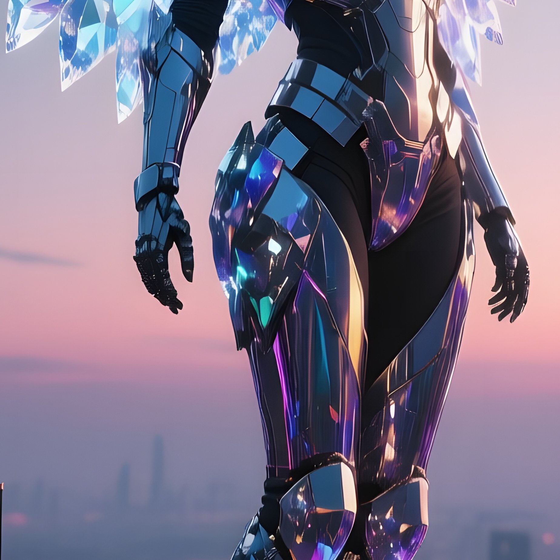 A Radiant Angel With Crystal Wings Perched On A Futuristic Skyscraper Rooftop At Dusk, Neon City - Full Resolution Quality Preview