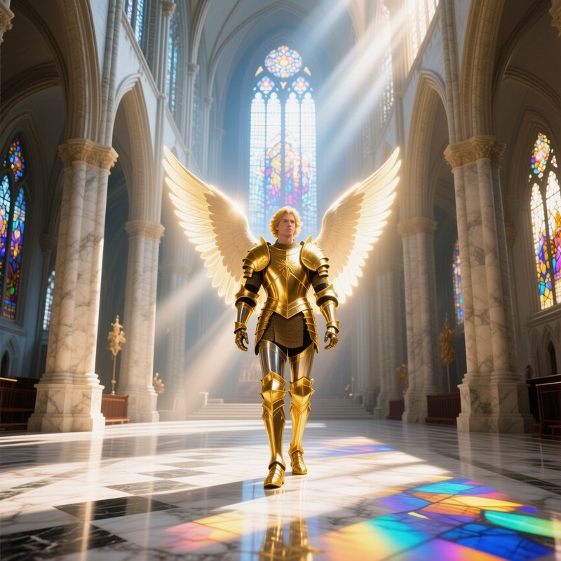 A Radiant Seraph With Golden Armor Standing In A Grand Cathedral Nave At Midday Sunlight Streaming