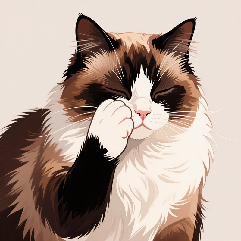 A Ragamuffin Cat Licking Paw And Wiping Face Illustration