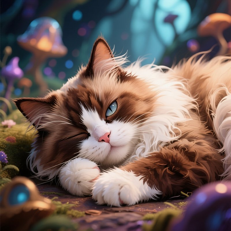 A Ragamuffin Cat Napping With One Eye Open In A Land Of Imagination