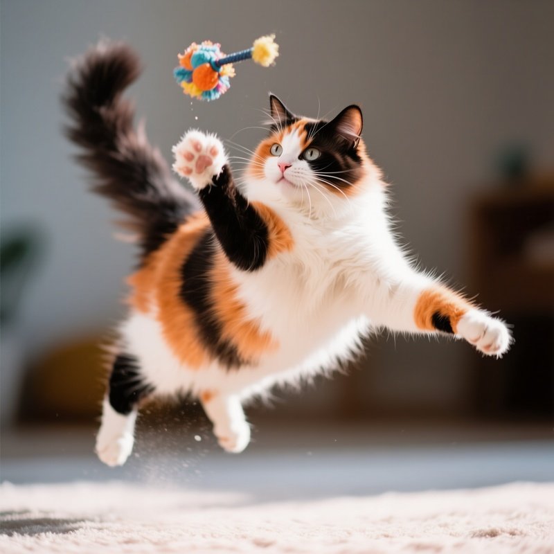 A Ragamuffin Cat Playing With Toy In Air