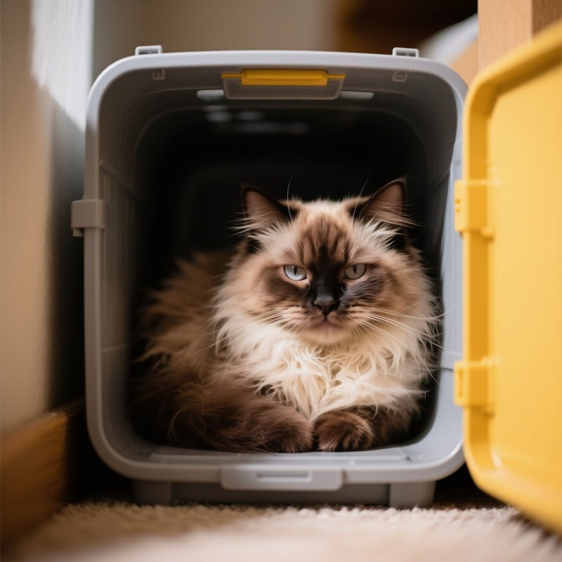 A Ragamuffin Cat Sitting In A Too Small Container