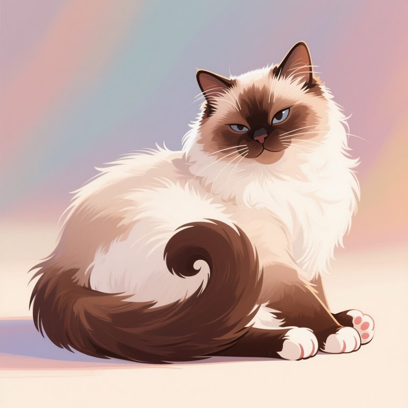 A Ragamuffin Cat Sitting With Neatly Wrapped Tail Around Paws Illustration