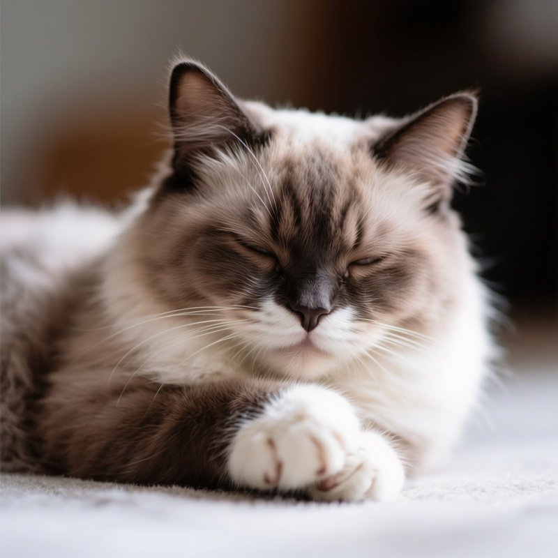 A Ragamuffin Cat Sleeping Comfortably On Its Paw
