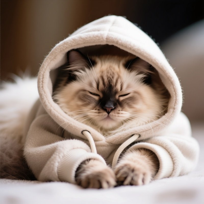 A Ragamuffin Cat Sleeping In A Hoodie