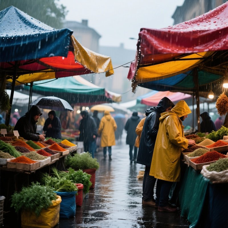A Rain Soaked Afternoon At An Open Air Market; Vendors Under Colorful Canopies Sell Aromatic Herbs