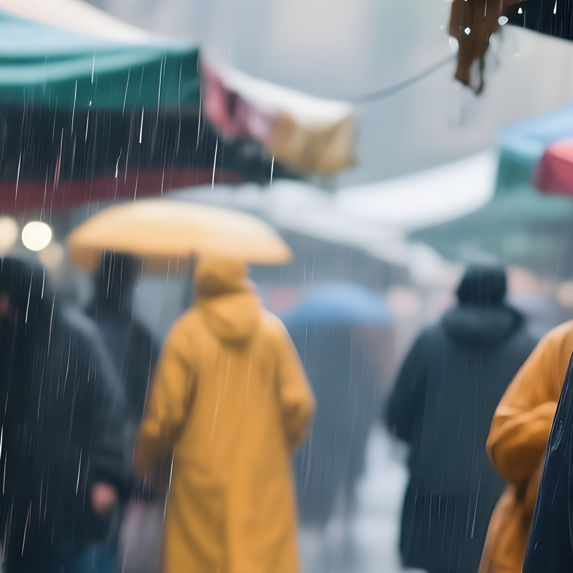 A Rain Soaked Afternoon At An Open Air Market; Vendors Under Colorful Canopies Sell Aromatic Herbs - Full Resolution Quality Preview