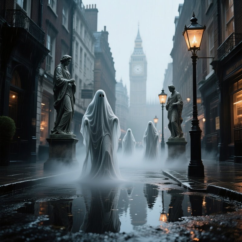 A Rain Soaked Street In Victorian London, Gas Lamps Flicker As Ghostly Statues Made Of Fog Emerge