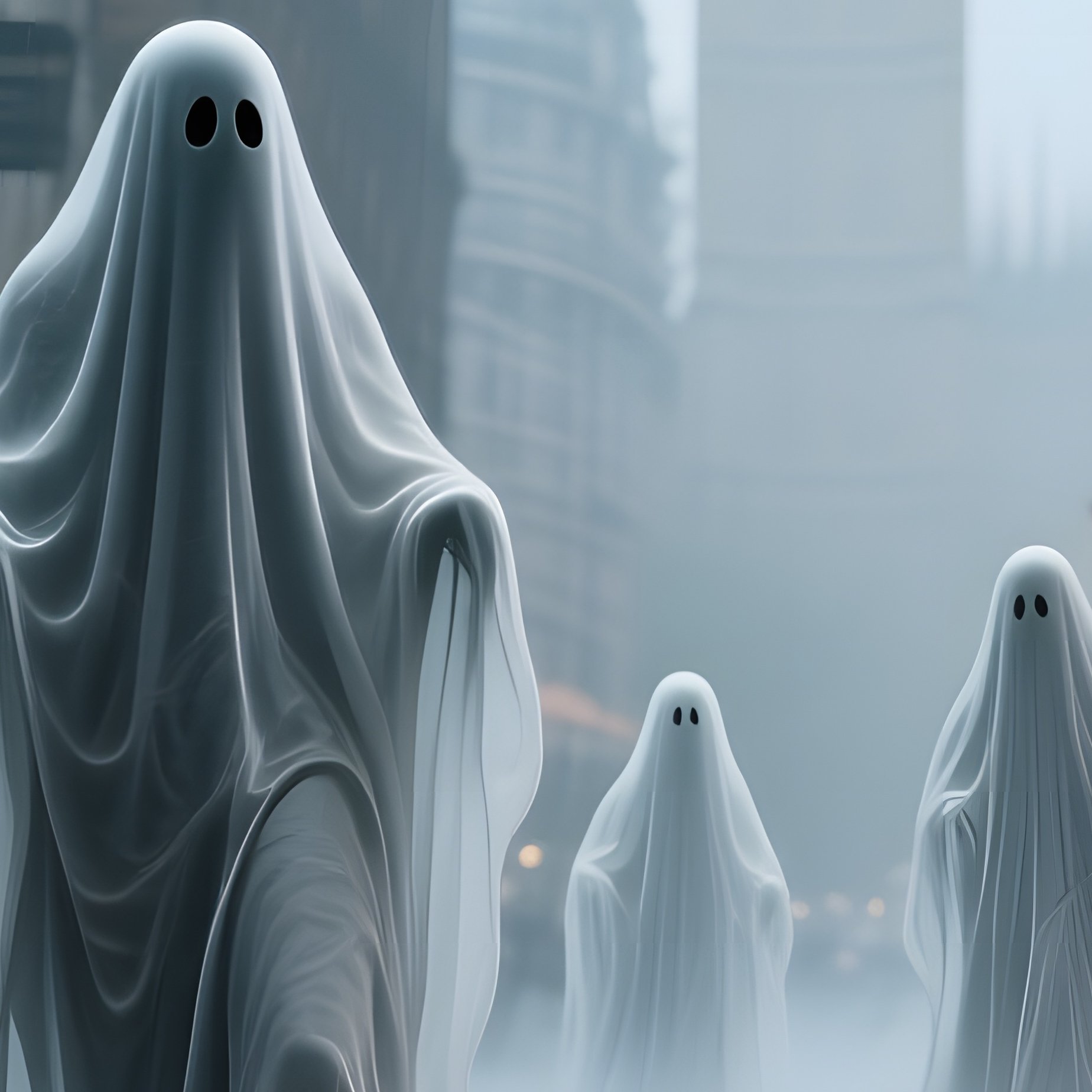 A Rain Soaked Street In Victorian London, Gas Lamps Flicker As Ghostly Statues Made Of Fog Emerge - Full Resolution Quality Preview