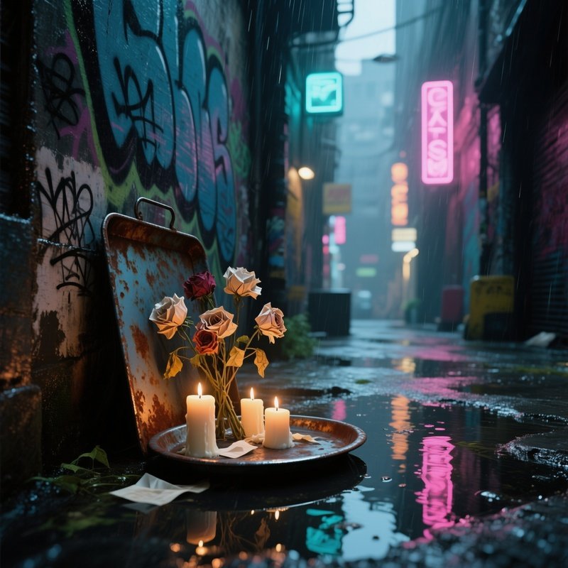 A Rain‑Soaked Urban Alley Altar Hidden Behind Graffiti Walls, Puddles Reflecting Neon Signs, A