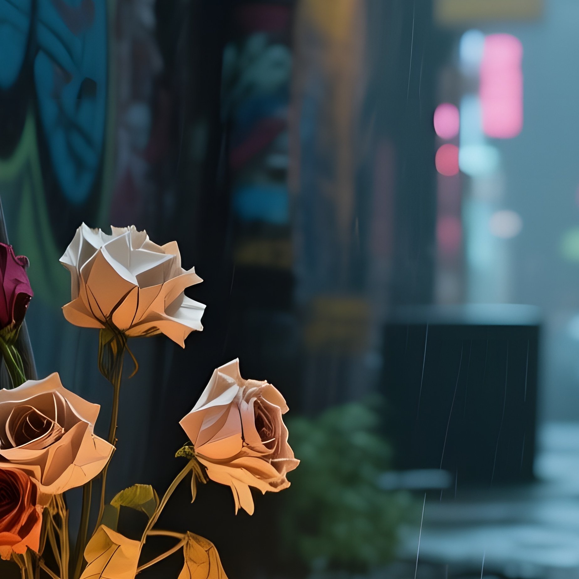 A Rain‑Soaked Urban Alley Altar Hidden Behind Graffiti Walls, Puddles Reflecting Neon Signs, A - Full Resolution Quality Preview