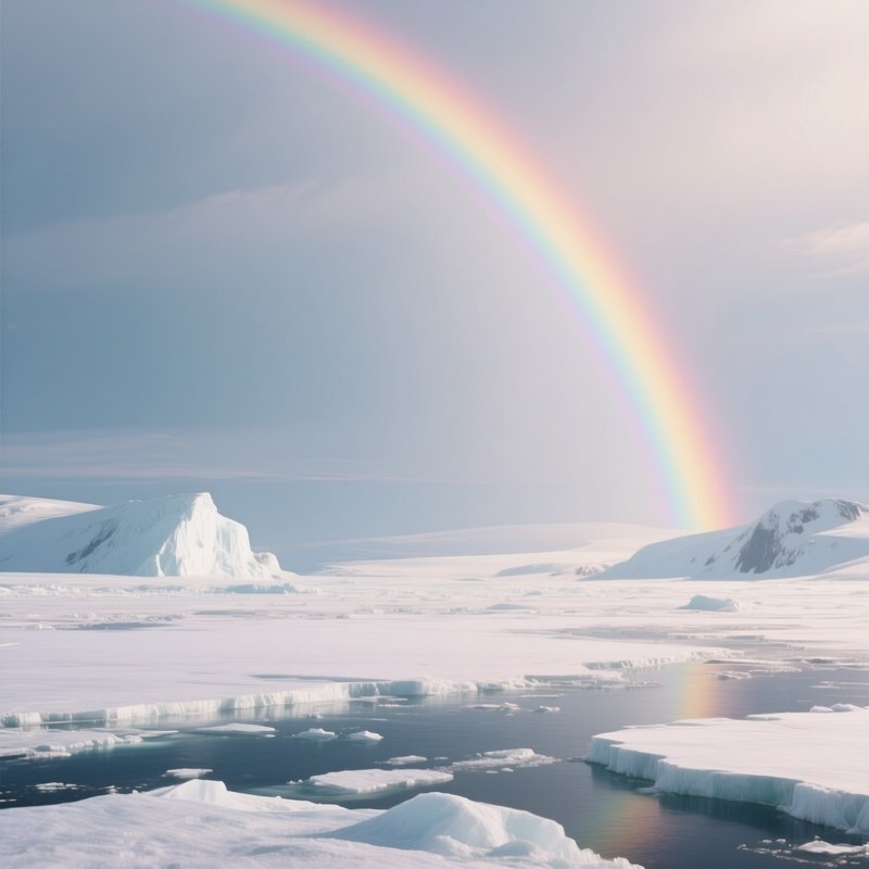 A Rainbow Above Icy Arctic Plains Under Pale Sunlight