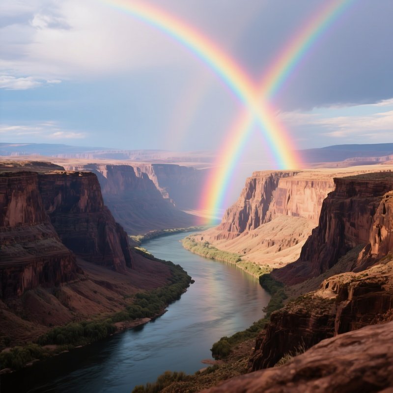 A Rainbow Appearing Above A Canyon River Bend