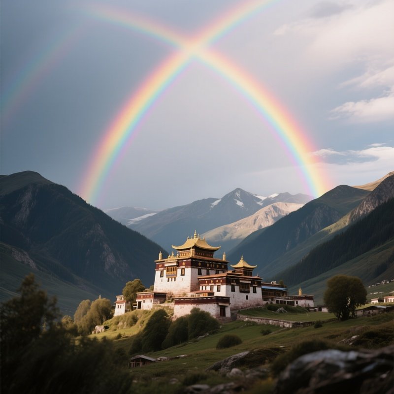 A Rainbow Appearing Above A Remote Monastery In The Mountains