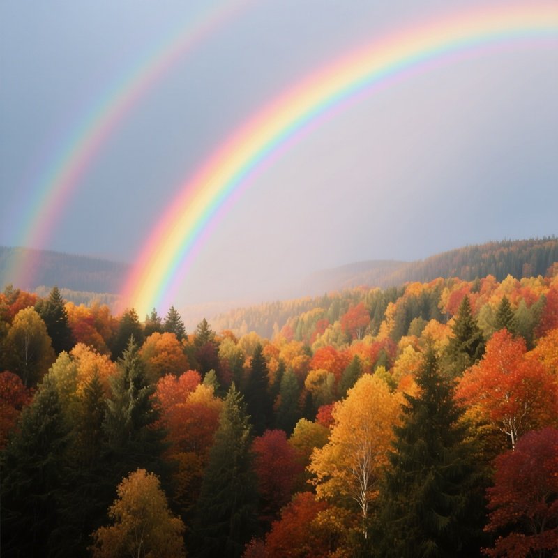 A Rainbow Appearing Above A Vibrant Autumn Forest