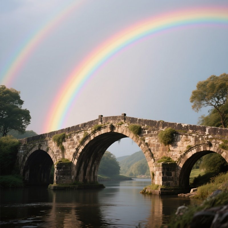A Rainbow Appearing Above An Ancient Stone Bridge