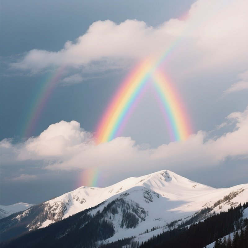 A Rainbow Appearing Through The Clouds Over A Snowy Ridge