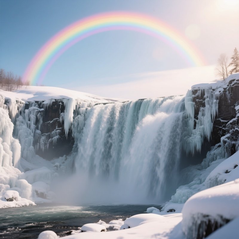 A Rainbow Arching Above A Frozen Waterfall In Winter Sun