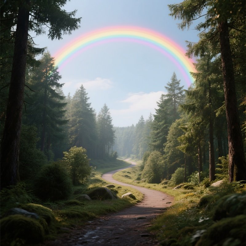 A Rainbow Arching Above A Winding Forest Path