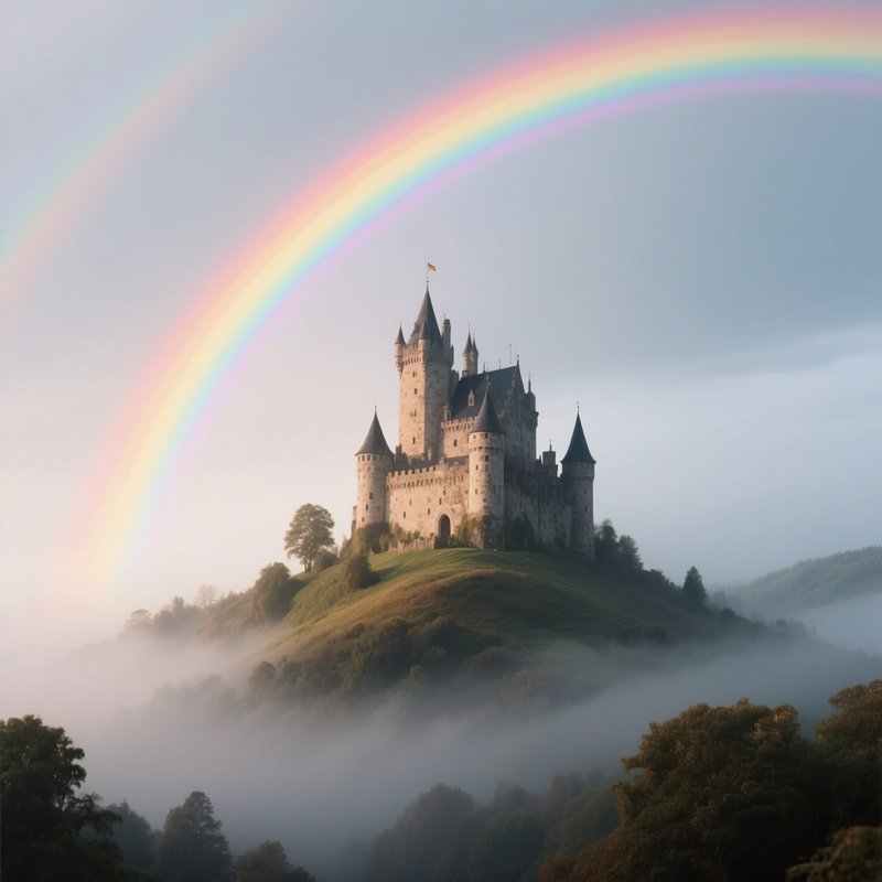 A Rainbow Arching Behind A Castle On A Misty Hill