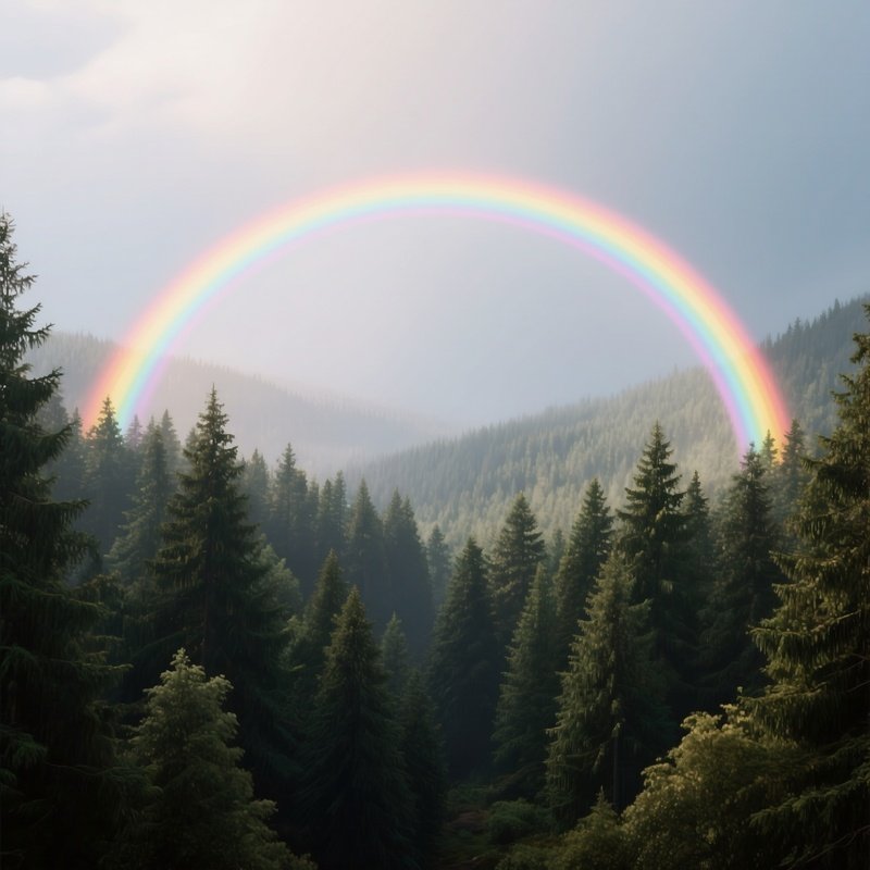 A Rainbow Arching Over A Dense Evergreen Forest