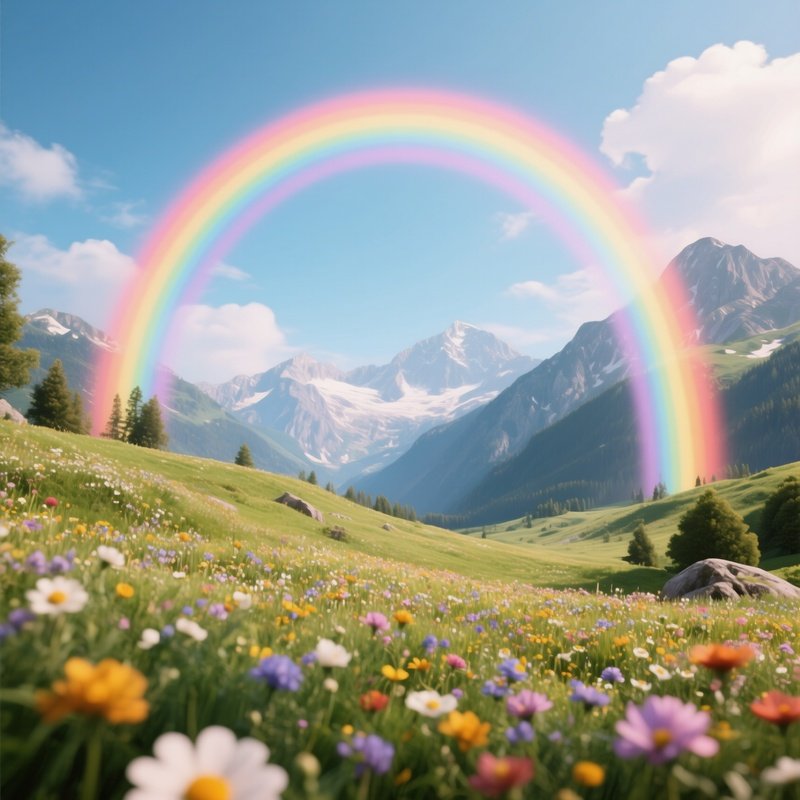 A Rainbow Arching Over An Alpine Meadow Filled With Flowers