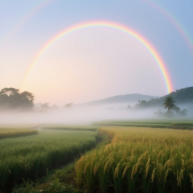 A Rainbow Arcing Above Misty Rice Fields At Dawn