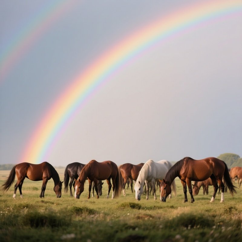 A Rainbow Behind A Herd Of Grazing Horses