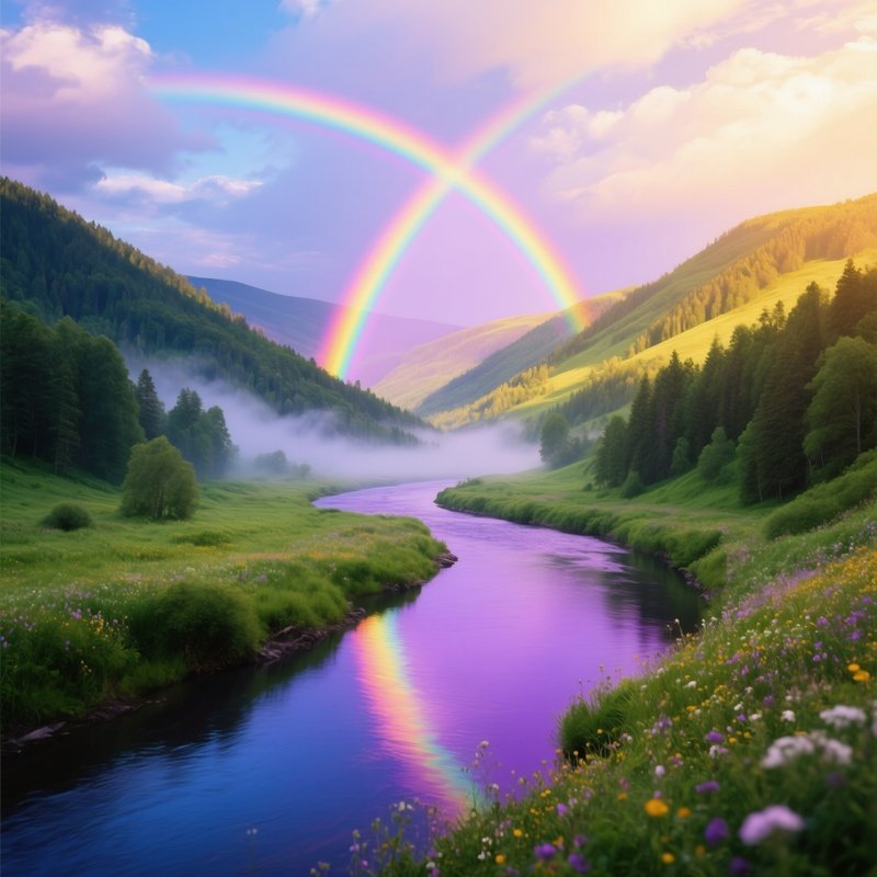 A Rainbow Bending Over A Winding River In The Valley