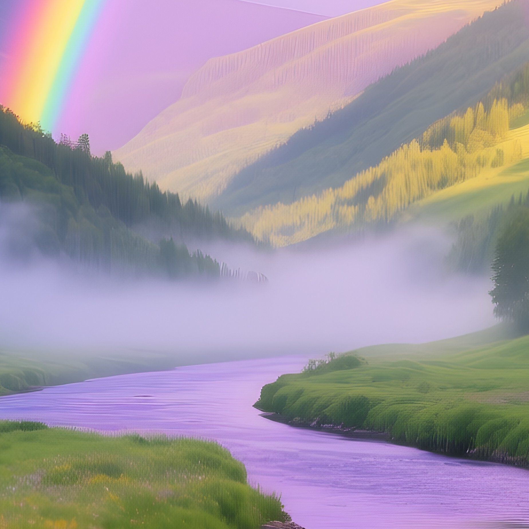 A Rainbow Bending Over A Winding River In The Valley - Full Resolution Quality Preview
