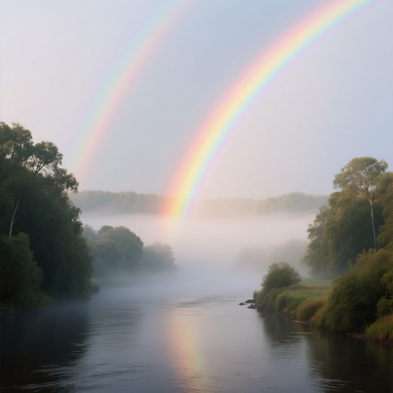 A Rainbow Cutting Through Morning Mist Above A River