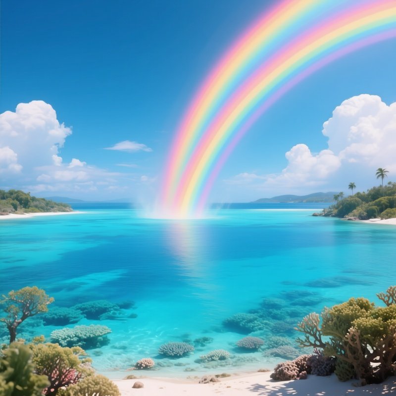 A Rainbow Emerging Above A Coral Blue Lagoon
