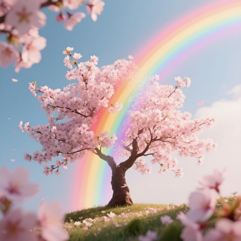 A Rainbow Emerging Behind A Cherry Blossom Tree