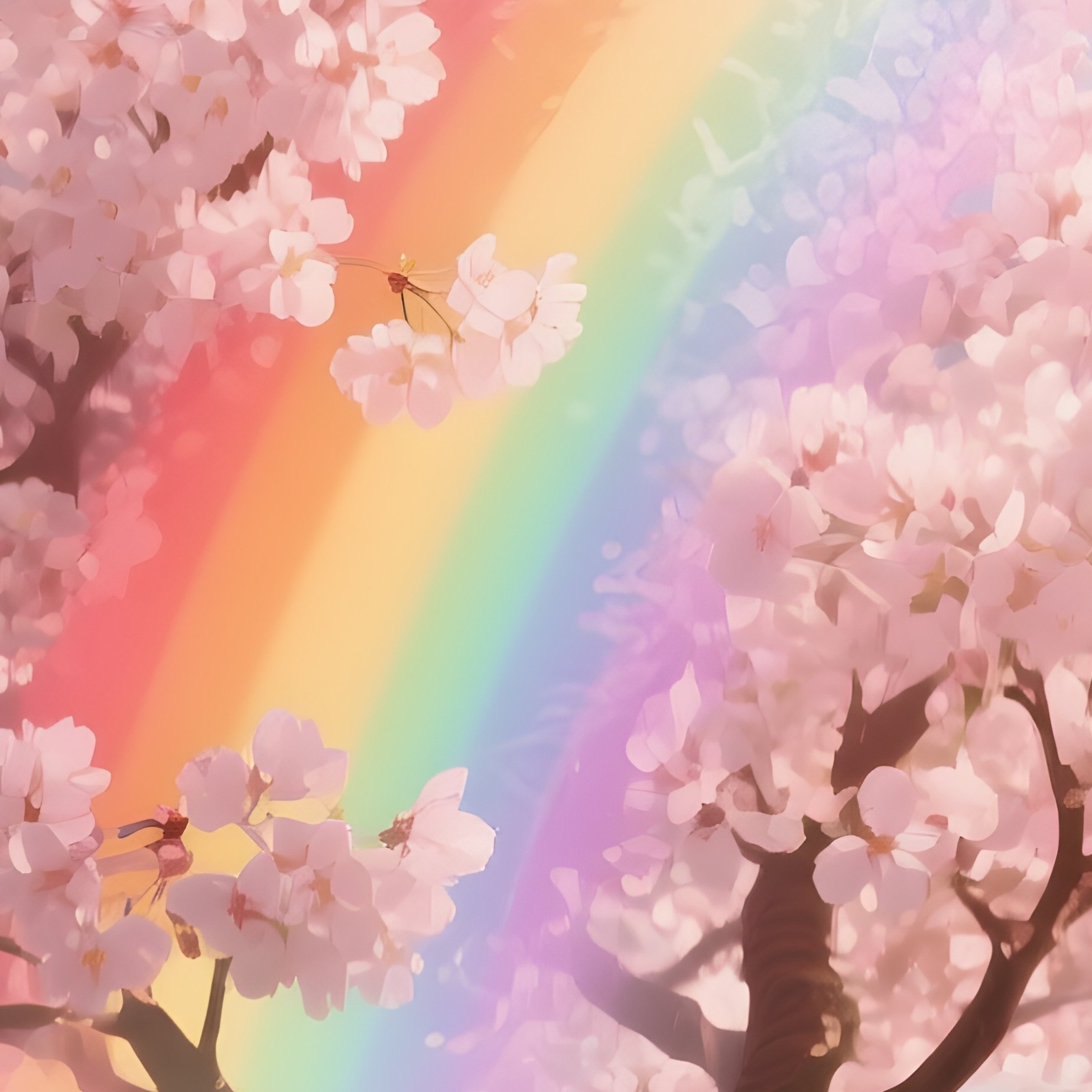 A Rainbow Emerging Behind A Cherry Blossom Tree - Full Resolution Quality Preview