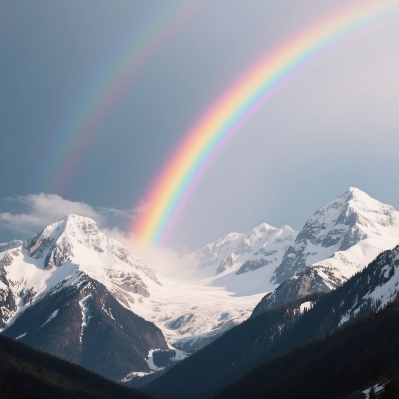 A Rainbow Emerging From Behind Snow Capped Mountains