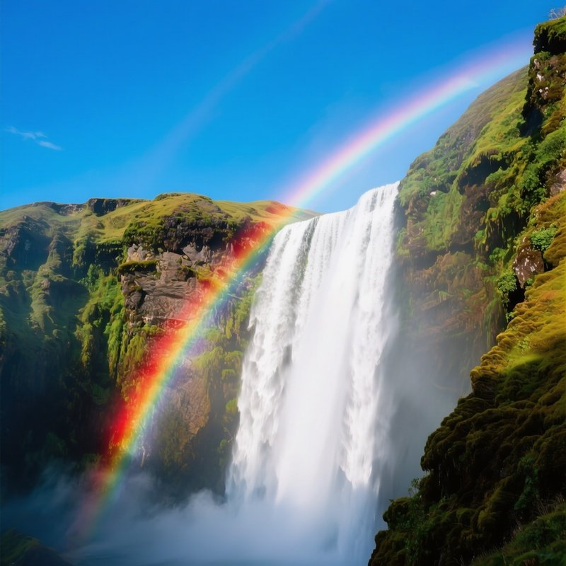 A Rainbow Falling Directly Behind A Cliffside Waterfall