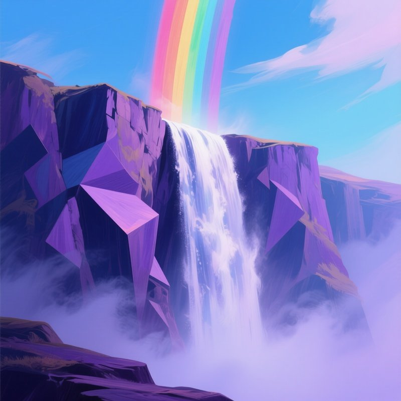 A Rainbow Falling Directly Behind A Cliffside Waterfall Abstract