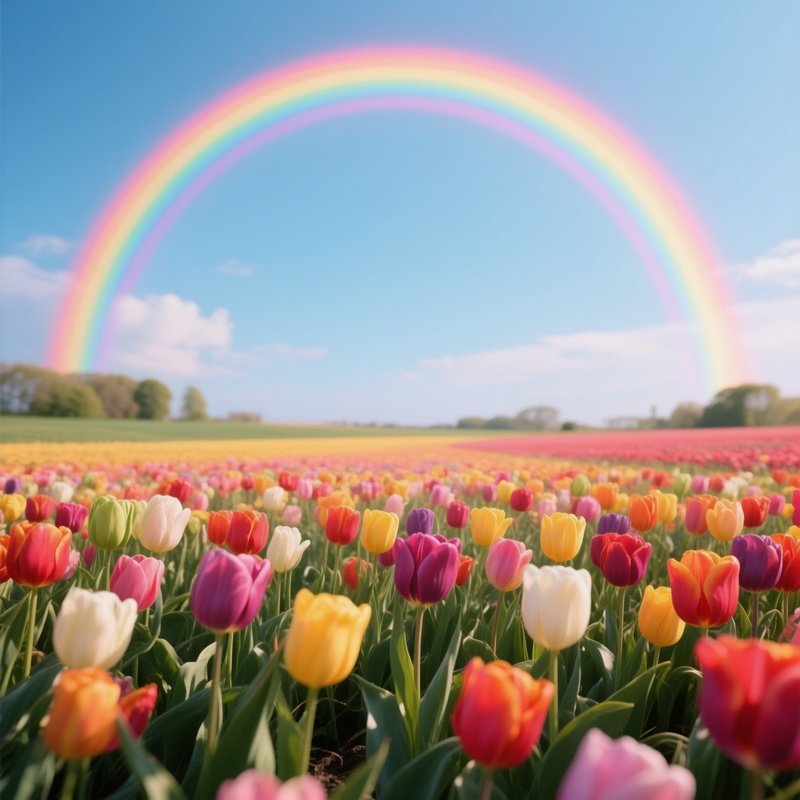 A Rainbow Forming Above A Field Of Colorful Tulips