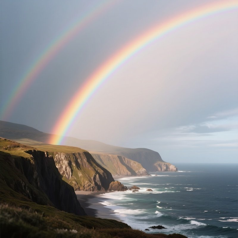 A Rainbow Forming Above A Rugged Coastline