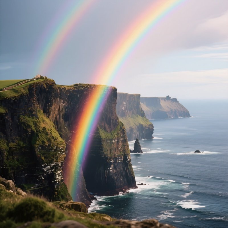 A Rainbow Forming Behind A Majestic Cliff Overlooking The Sea